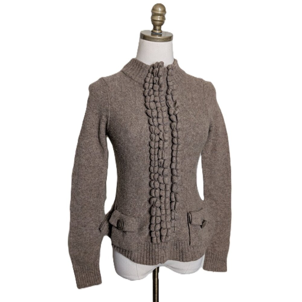 Anthropologie Moth Wool Blend Floating Sparks Ruffle Front Cardigan Size S Brown - Picture 2 of 6